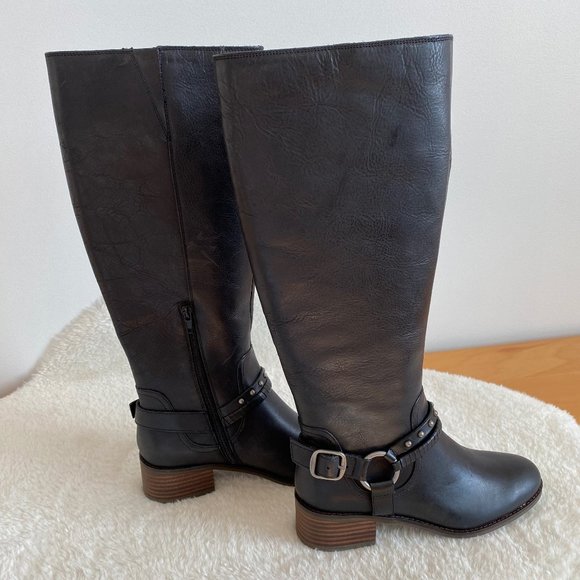 Lucky Brand Women's Karesi Leather Stacked Heel Harness Knee-High, Black, Size 7 - Picture 7 of 12